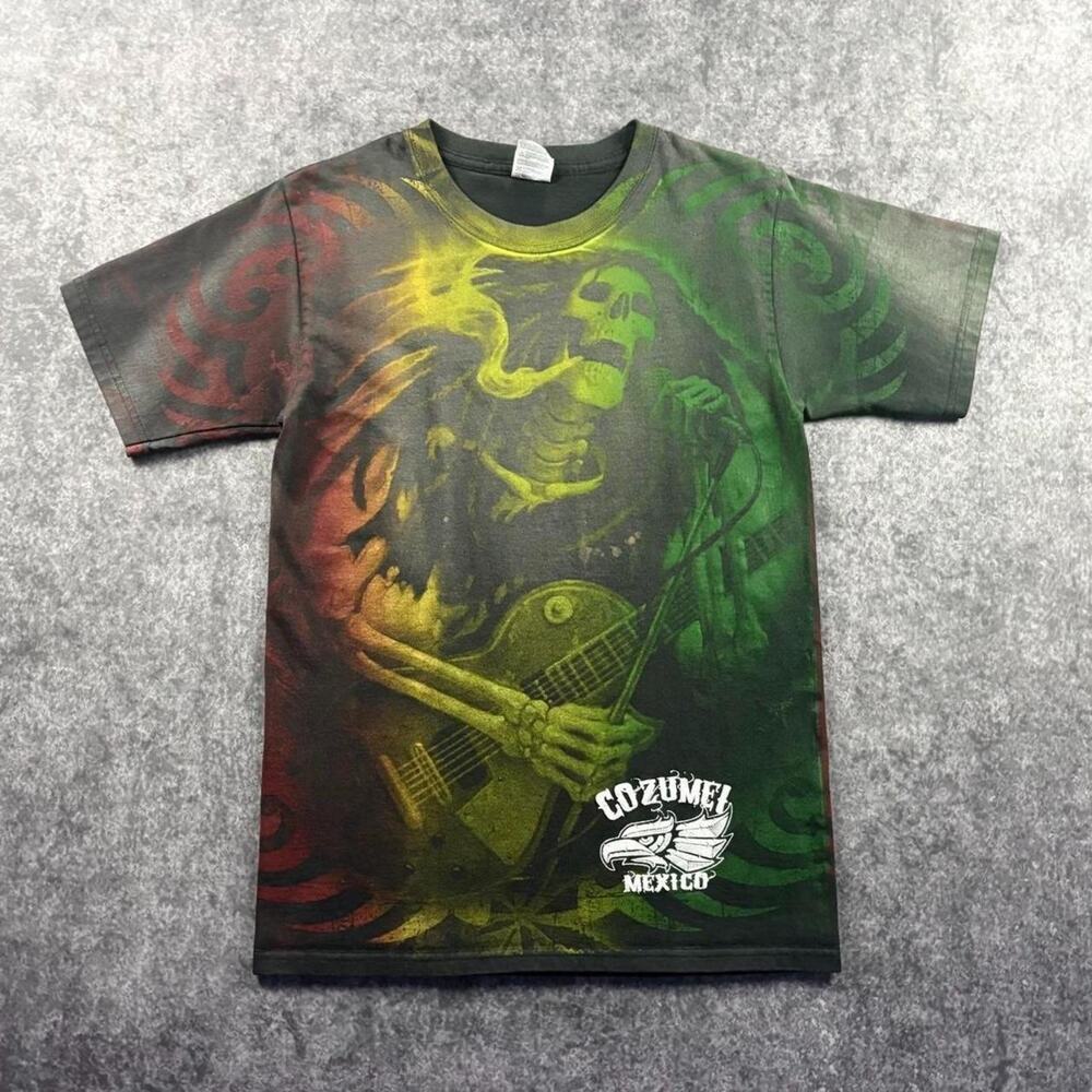 Vintage 2000s Yazbek Cozumel Mexico Rasta Skeleton Guitarist AOP Tee S